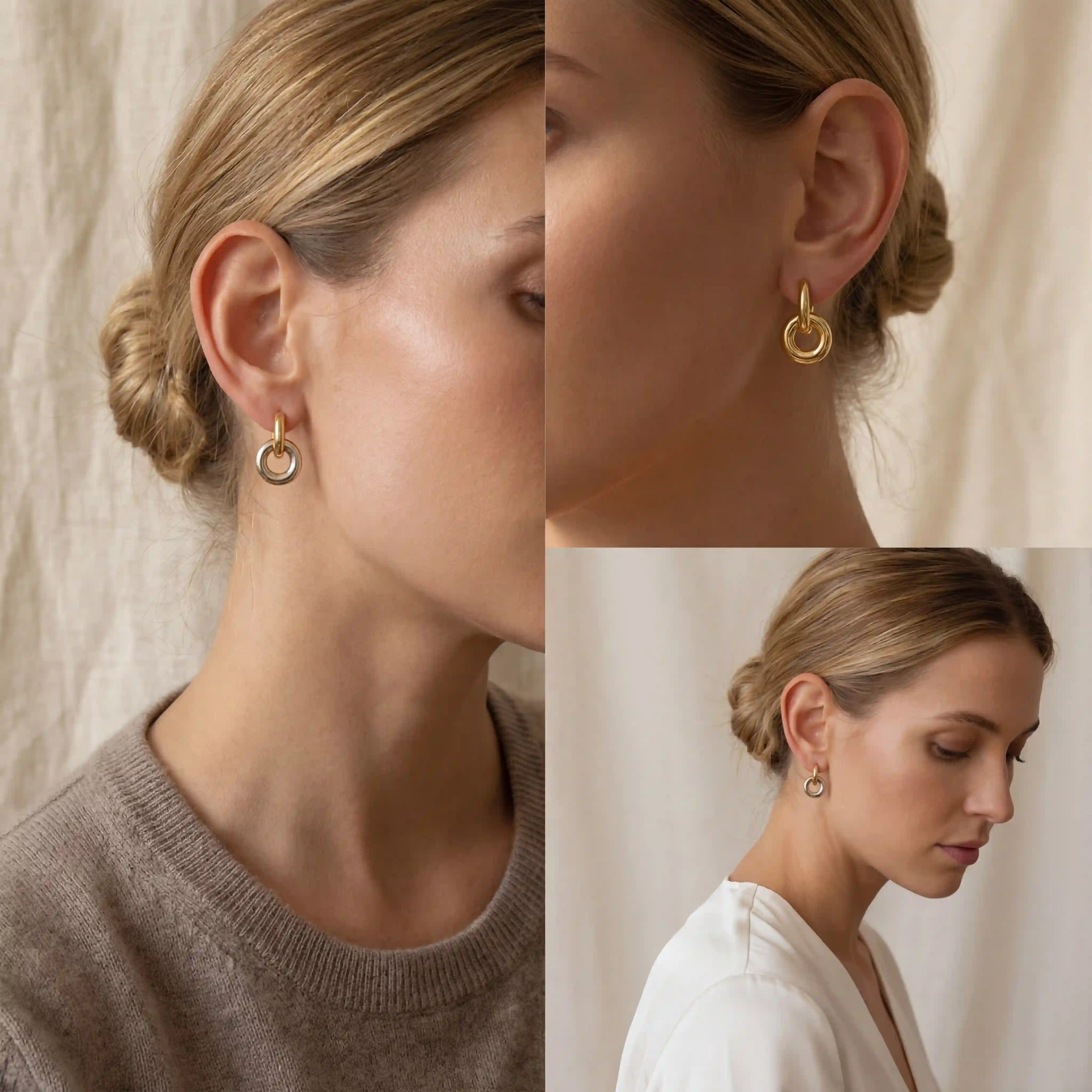 Lifestyle photography collage of blonde woman styling gold link drop earrings.