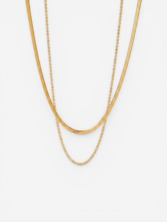 Double layer gold necklace set featuring flat snake chain and twisted rope chain waterproof.