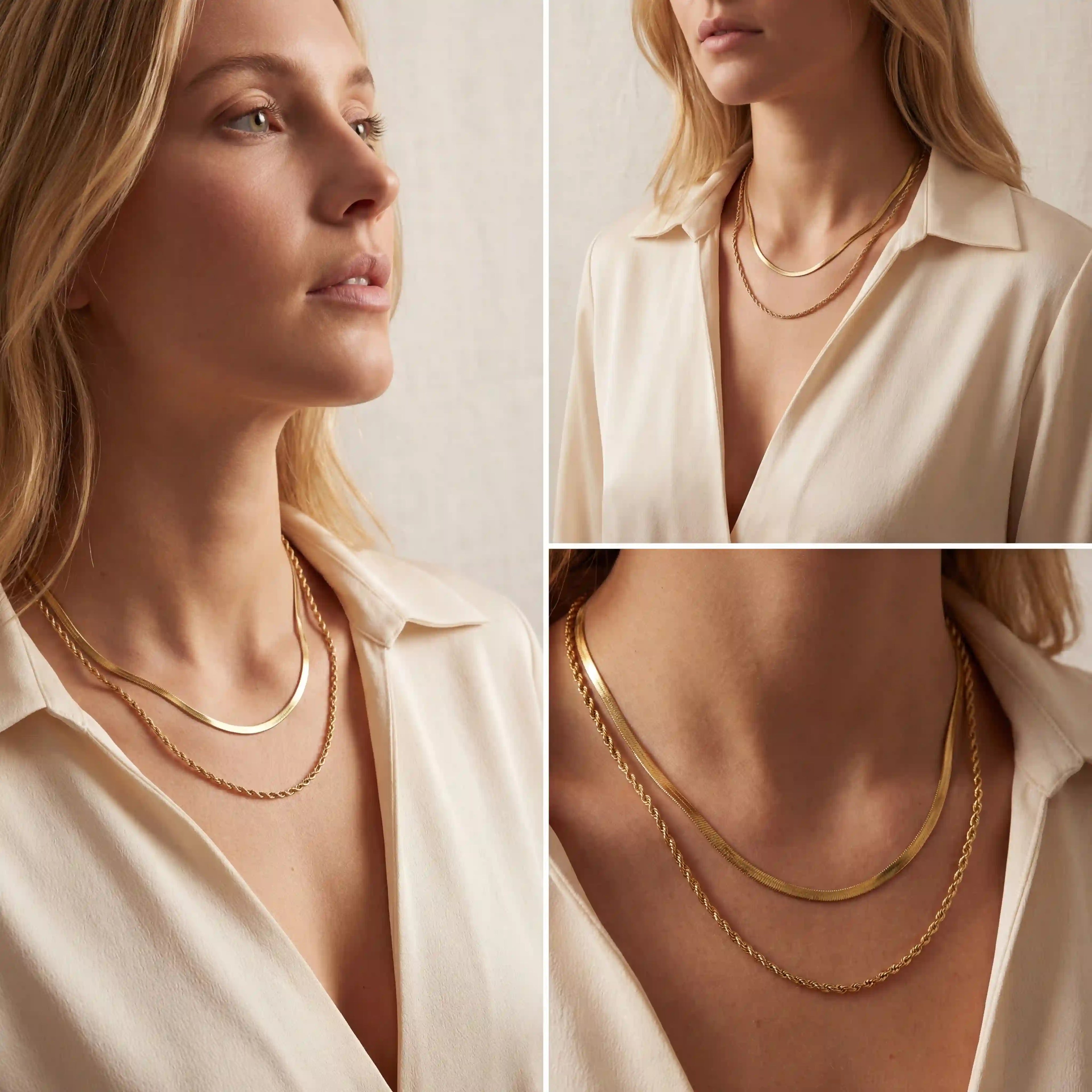 Lifestyle photography collage of blonde woman styling classic gold layered chain necklace office look.