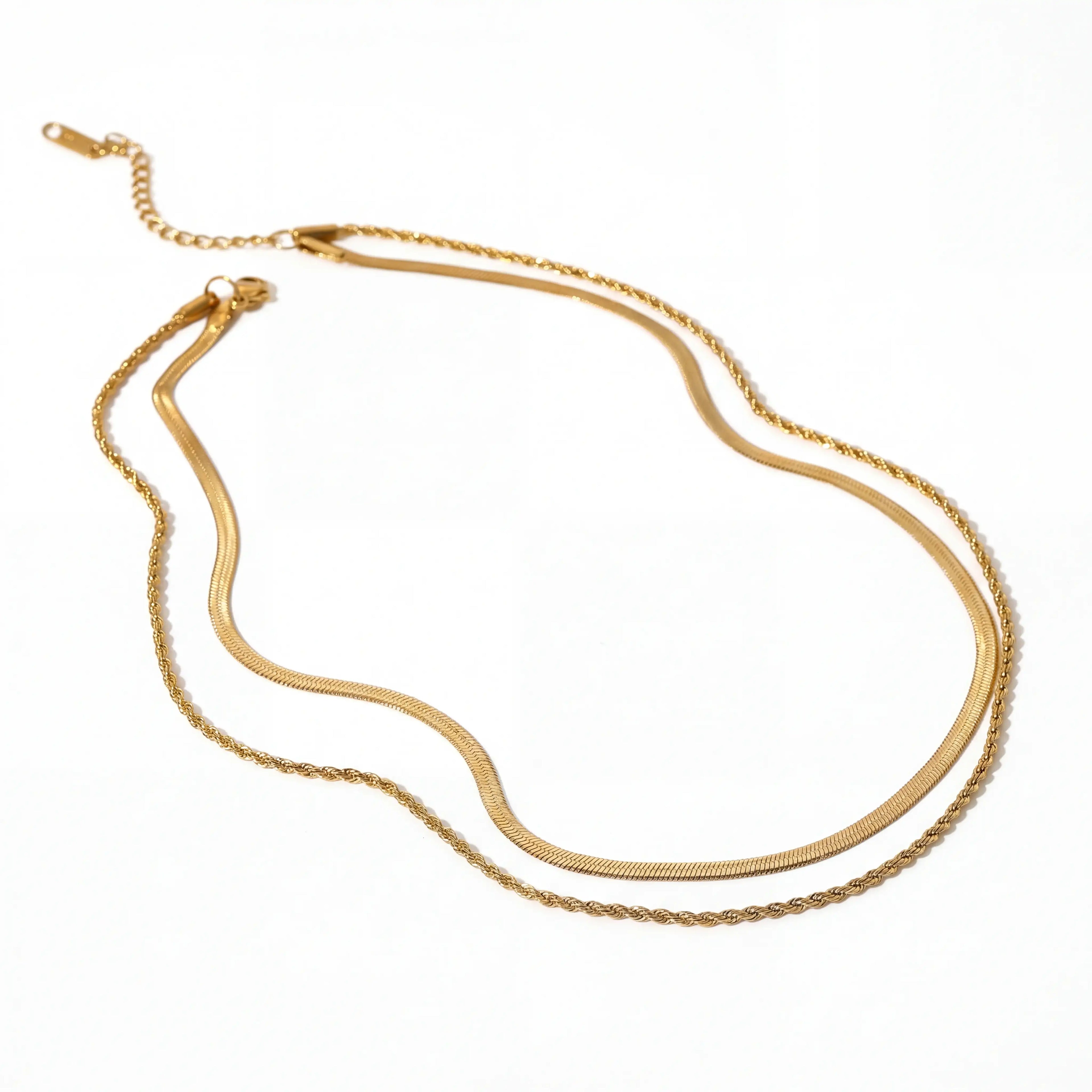 Double layer gold necklace set featuring flat snake chain and twisted rope chain waterproof.