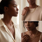 Model with dark skin styling pre-layered gold necklace with white shirt everyday essential.
