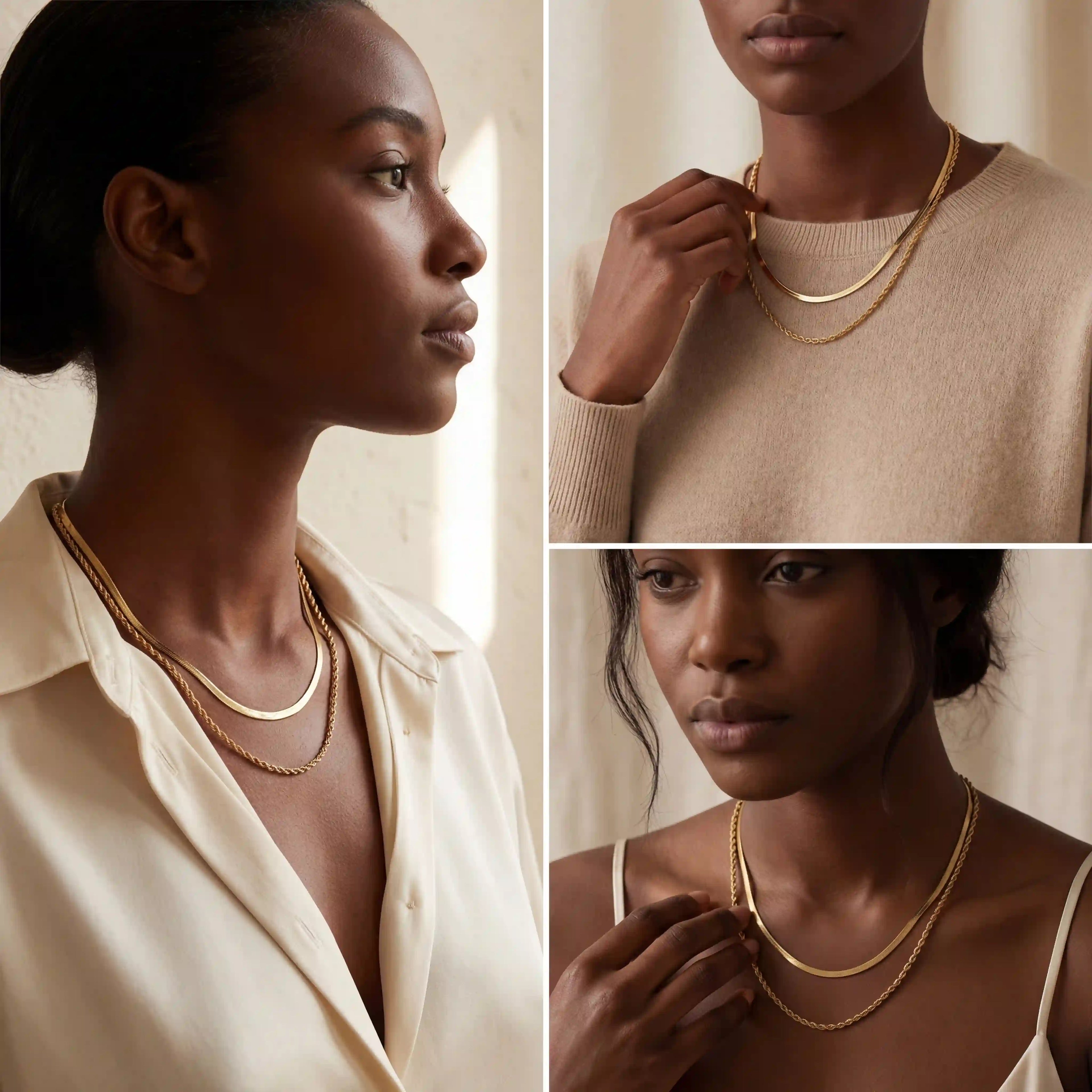 Model with dark skin styling pre-layered gold necklace with white shirt everyday essential.