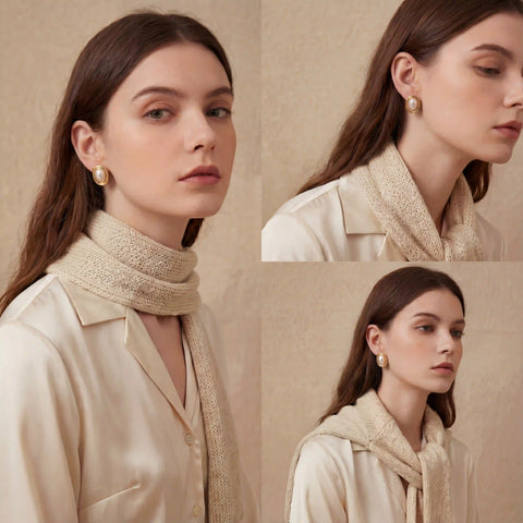 Lifestyle collage of woman wearing classic pearl and gold statement earrings with beige scarf.