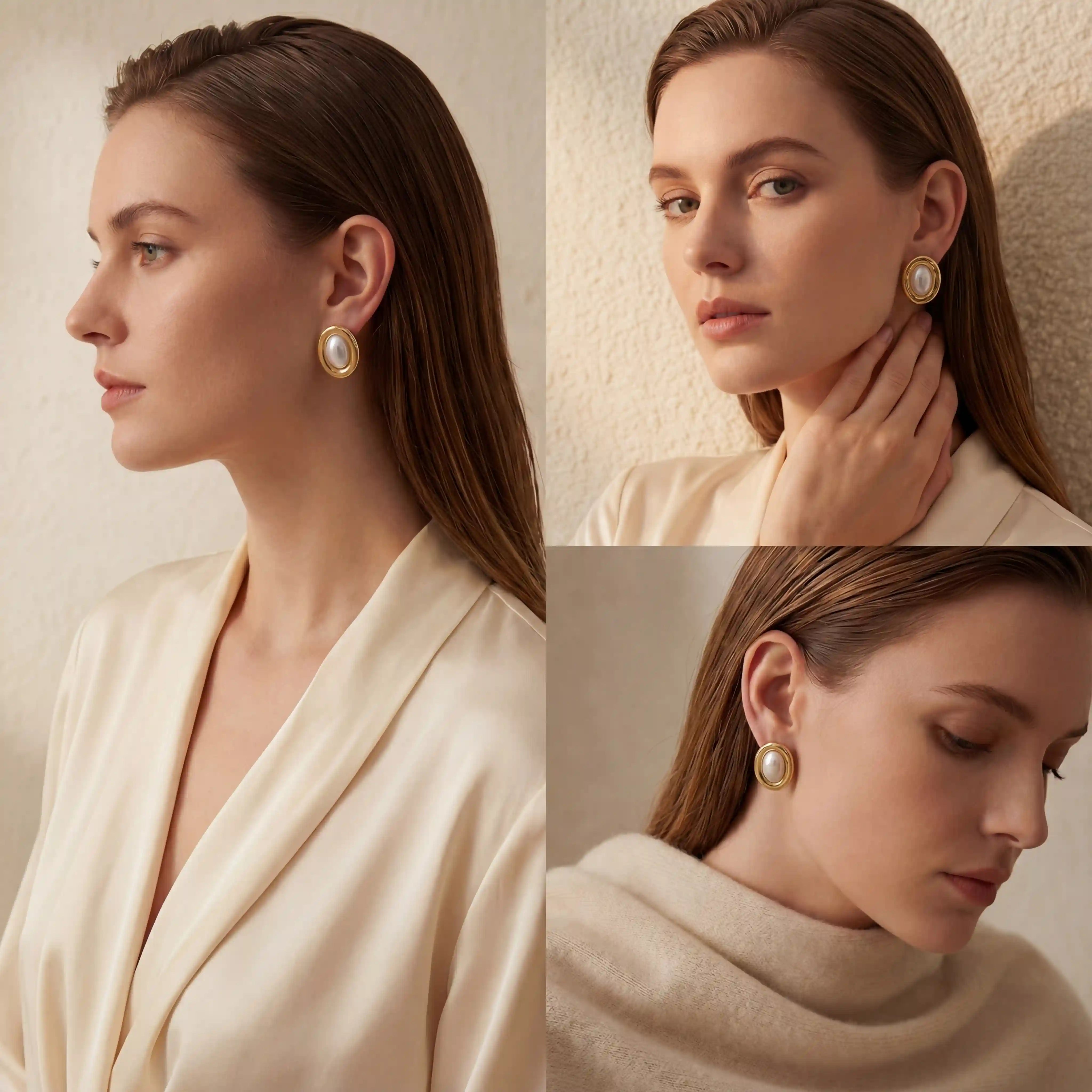 Elegant styling of Clotho oval pearl earrings on light skin model side view.