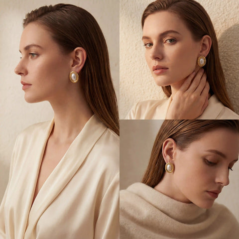 Elegant styling of Clotho oval pearl earrings on light skin model side view.