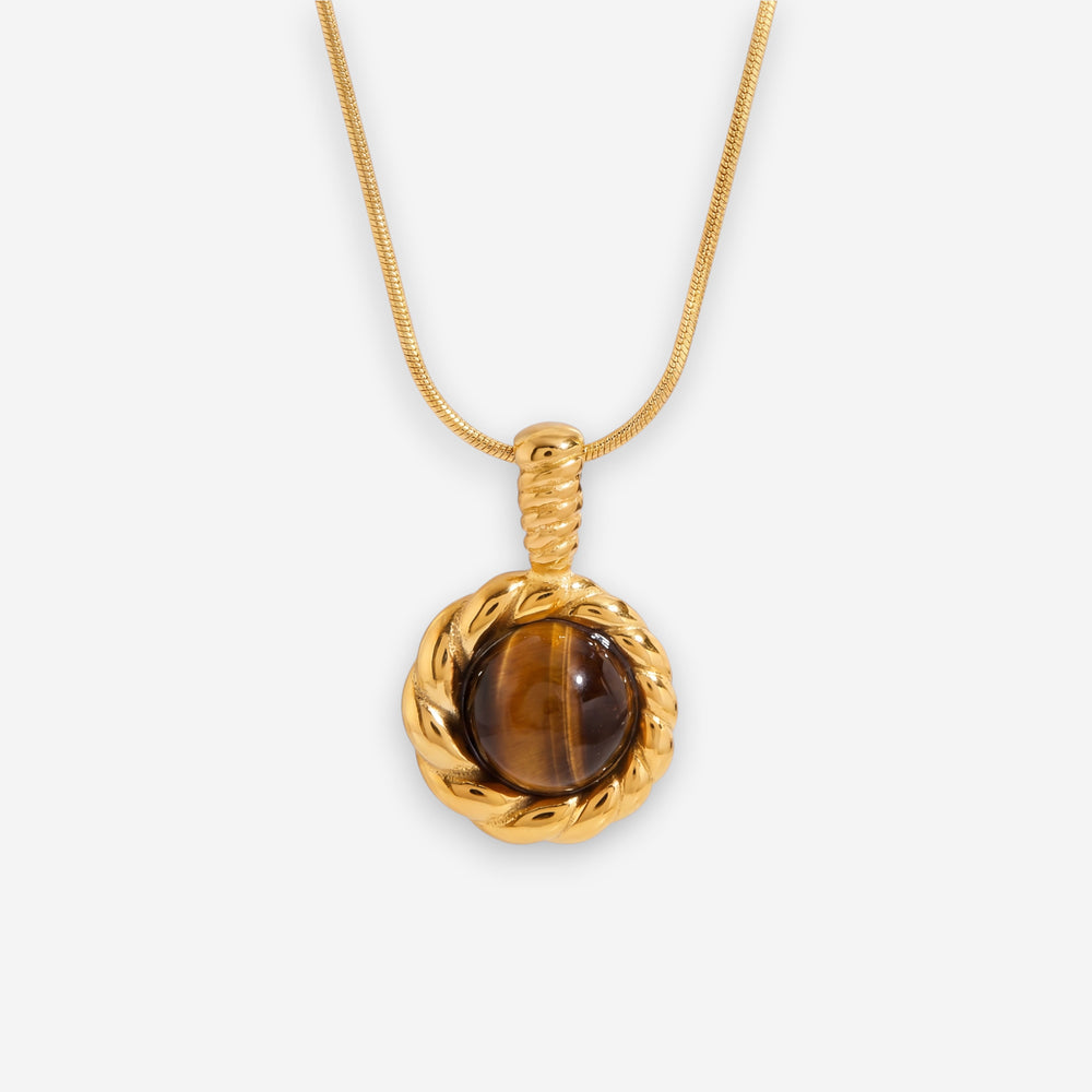 Gold round tiger's eye pendant necklace with twisted rope rim waterproof stainless steel.