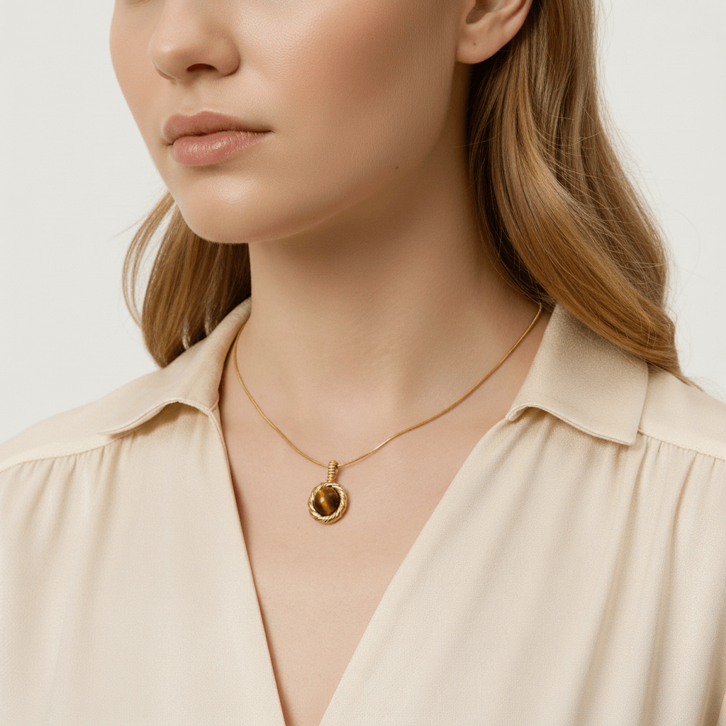 A model wearing The Courage Stone Necklace while deeply focused on writing in a journal or working on a laptop. The pendant rests at their chest, symbolizing clarity and focus during a creative or professional task.