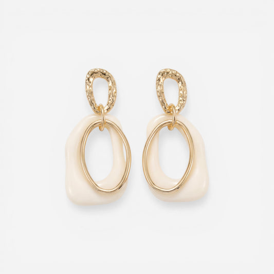 Cream enamel abstract drop earrings with textured gold stainless steel finish.