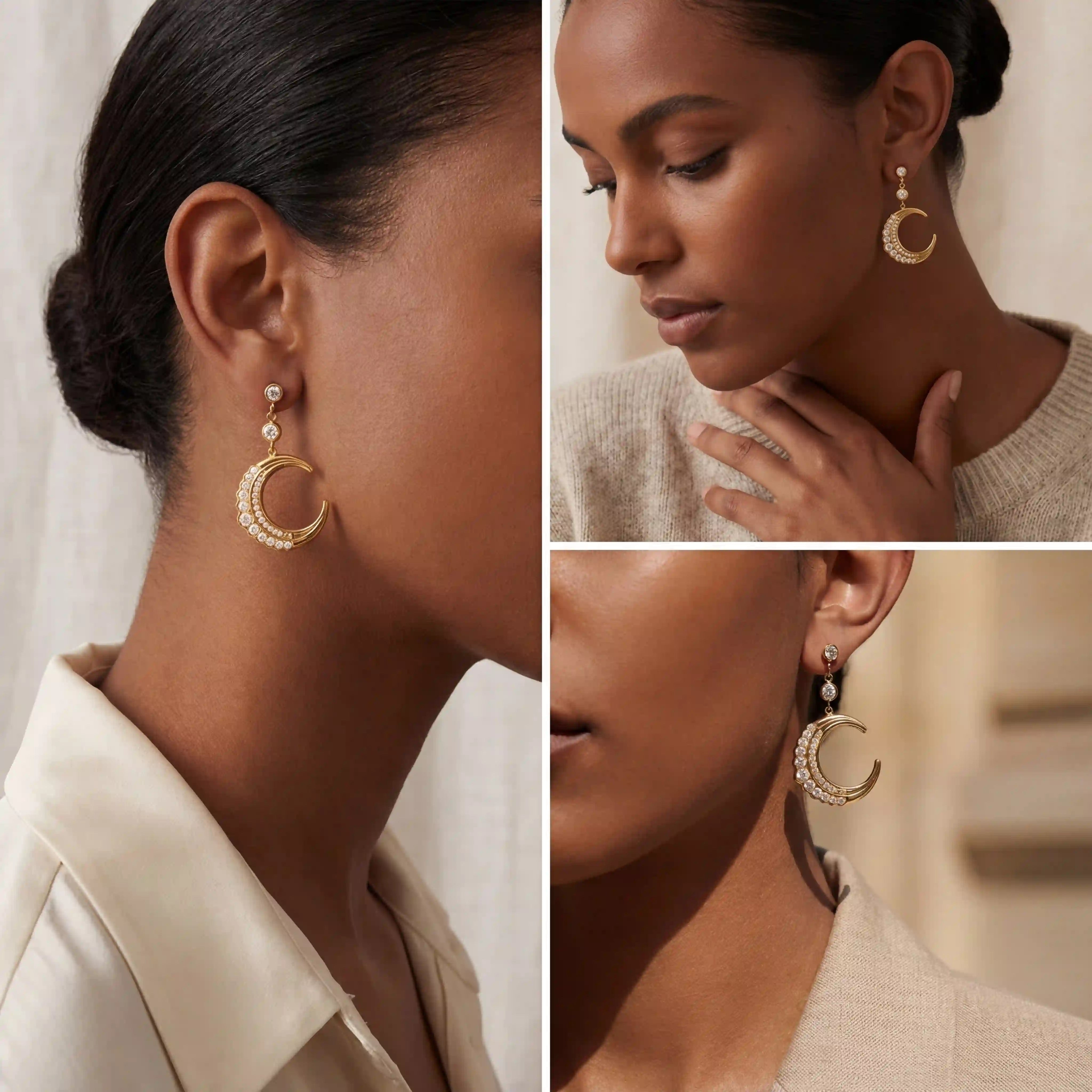 Model with dark skin wearing sparkling gold moon dangle earrings evening jewelry.