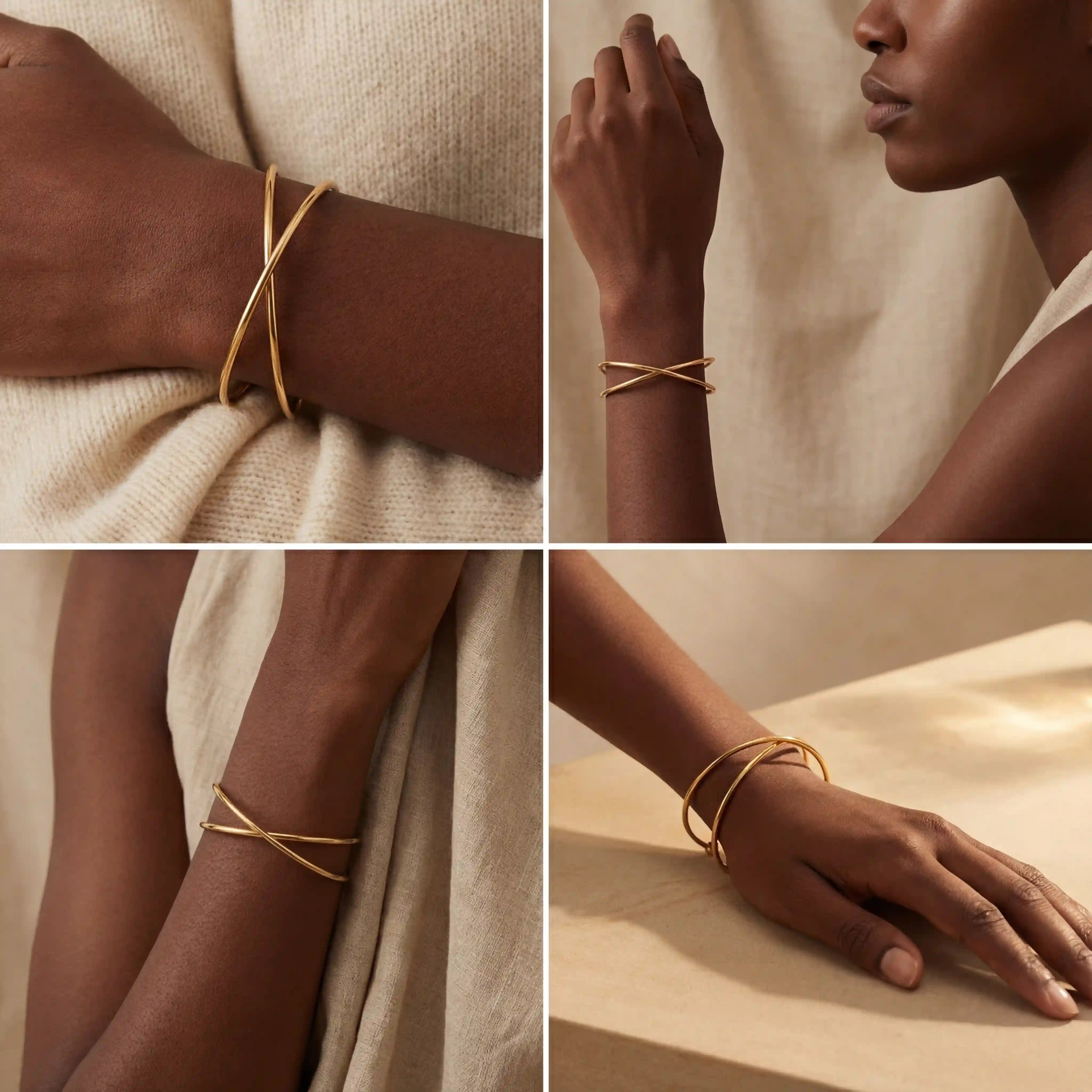 Lifestyle collage of dark skin model styling simple gold crossover bracelet.