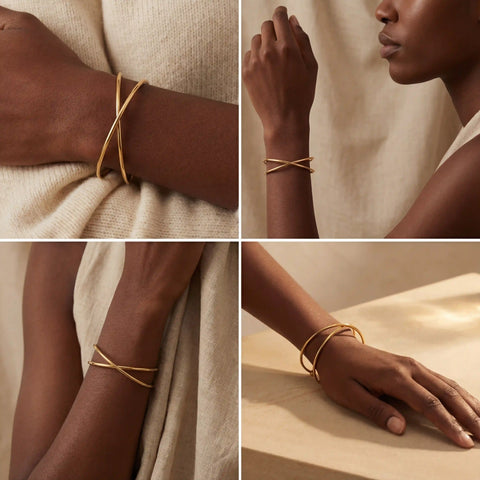 Lifestyle collage of dark skin model styling simple gold crossover bracelet.