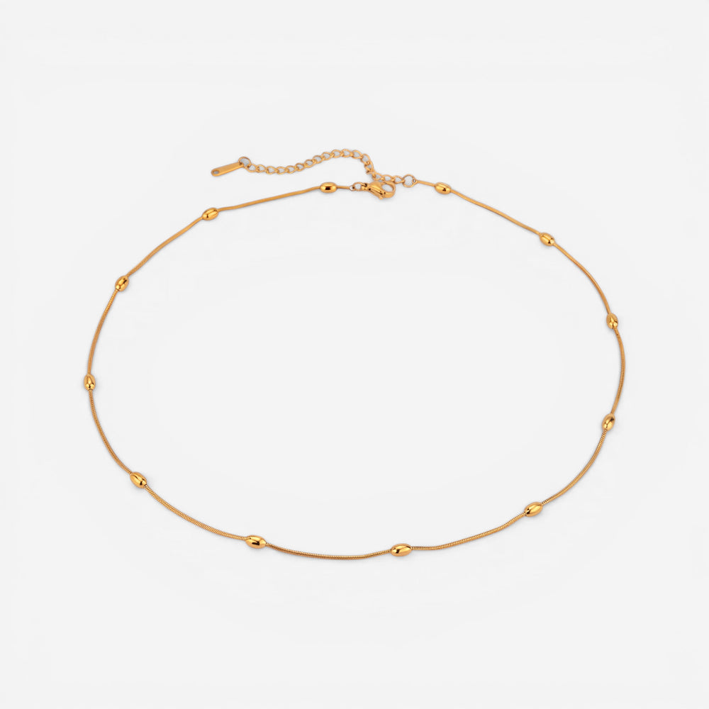 Gold delicate chain necklace with small metal beads station design waterproof stainless steel.
