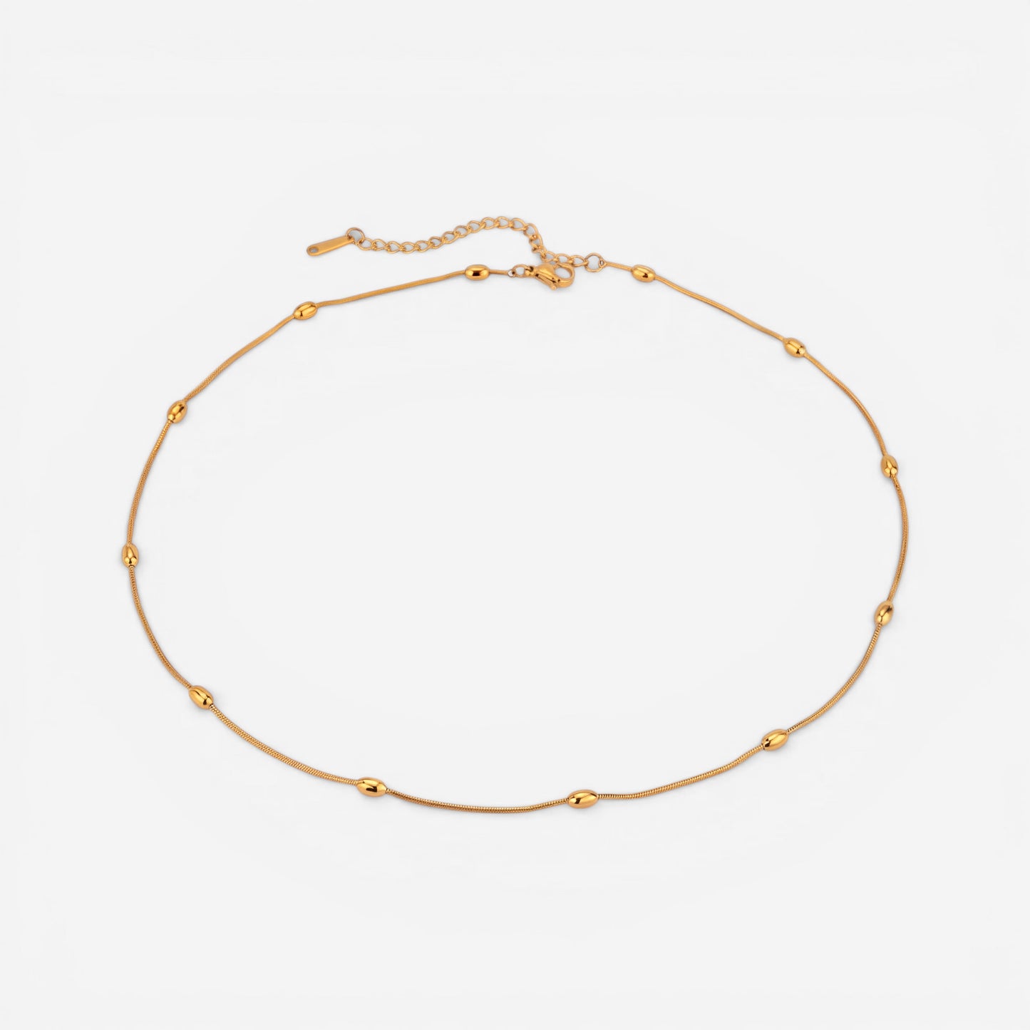 Gold delicate chain necklace with small metal beads station design waterproof stainless steel.