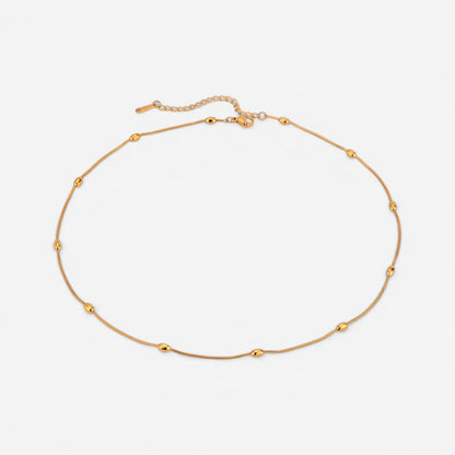 Gold delicate chain necklace with small metal beads station design waterproof stainless steel.