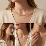 Lifestyle photography collage of woman wearing simple gold satellite necklace everyday look.