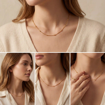 Lifestyle photography collage of woman wearing simple gold satellite necklace everyday look.