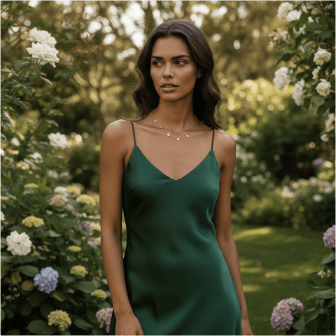Close-up of a woman wearing the Dainty Bezel Station Necklace, the empty bezel resting on the collarbone.