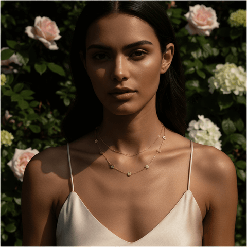 Close-up of a woman wearing the Dainty Bezel Station Necklace, the empty bezel resting on the collarbone.