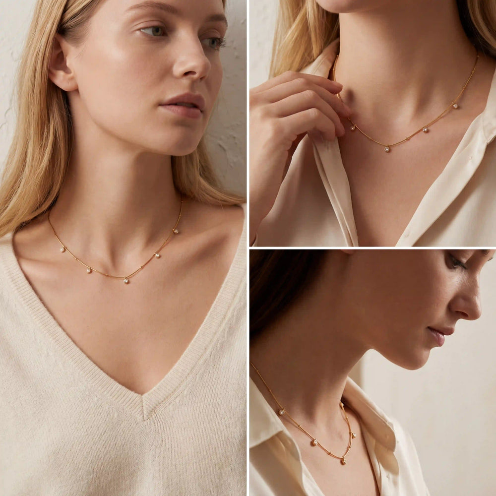 Lifestyle photography collage of blonde woman styling minimalist gold drop choker necklace.