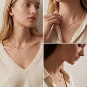 Lifestyle photography collage of blonde woman styling minimalist gold drop choker necklace.