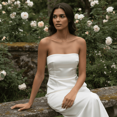 Side-profile of a woman wearing the Dainty Drop Necklace, the pendant gracefully swaying against the skin.