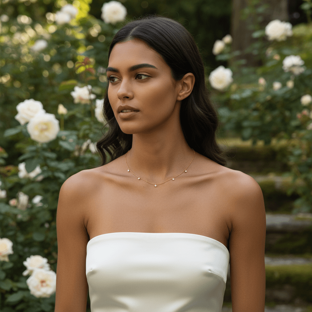 Side-profile of a woman wearing the Dainty Drop Necklace, the pendant gracefully swaying against the skin.
