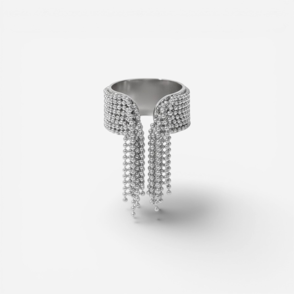 Silver fringe ring with dangling chains stainless steel statement piece.