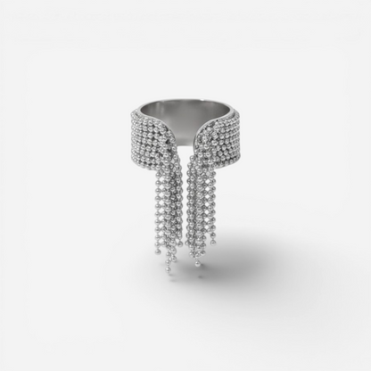 Silver fringe ring with dangling chains stainless steel statement piece.