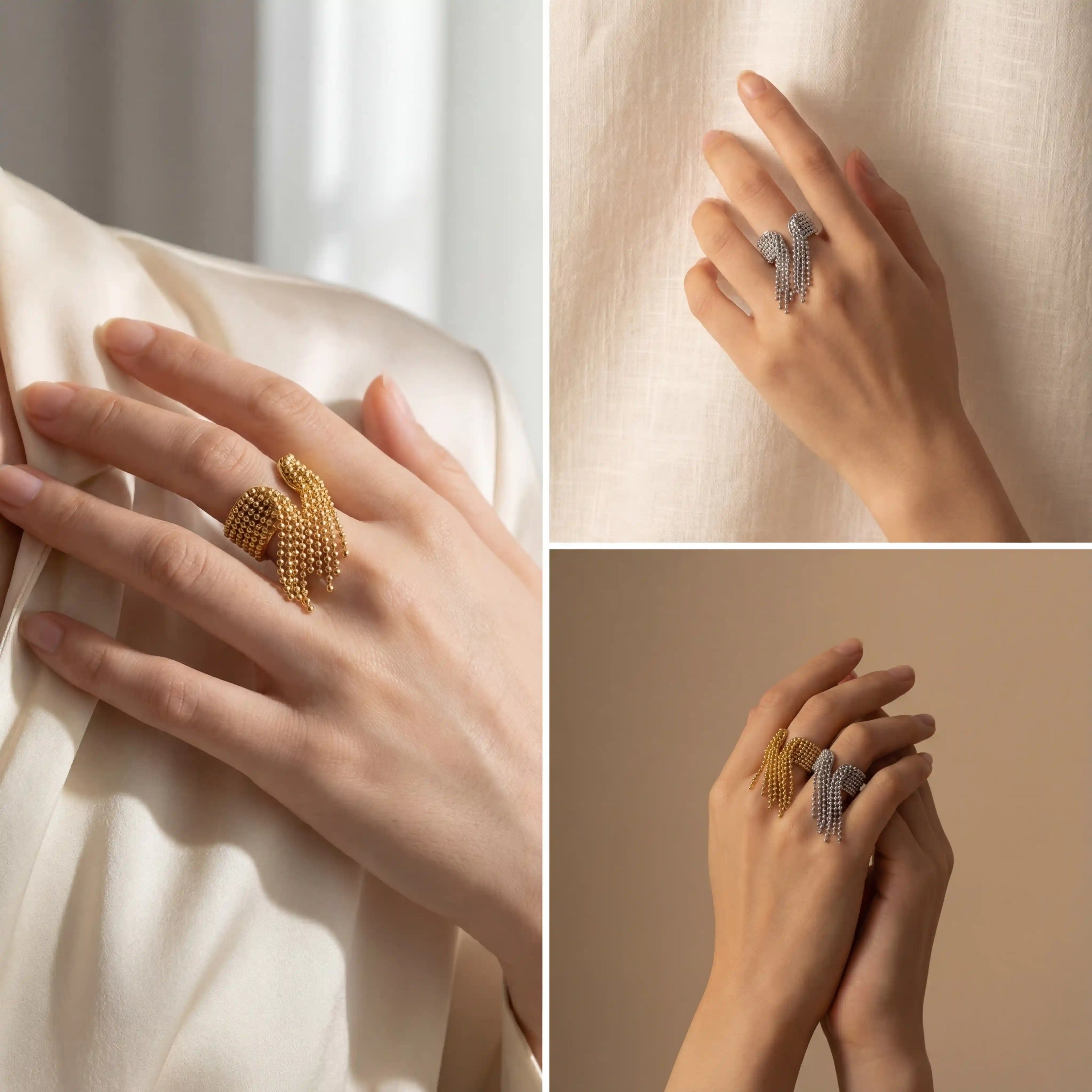 Lifestyle collage of woman wearing gold and silver tassel rings evening fashion.