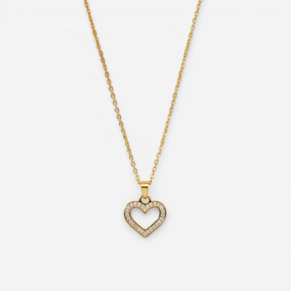 Gold open heart pendant necklace with pave crystals waterproof stainless steel.