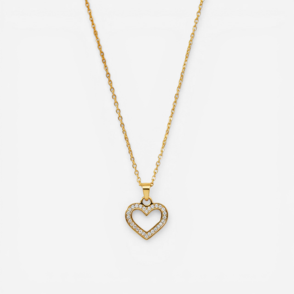Gold open heart pendant necklace with pave crystals waterproof stainless steel.