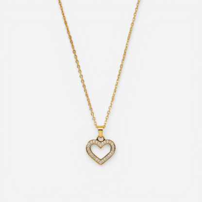 Gold open heart pendant necklace with pave crystals waterproof stainless steel.