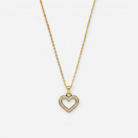 Gold open heart pendant necklace with pave crystals waterproof stainless steel.