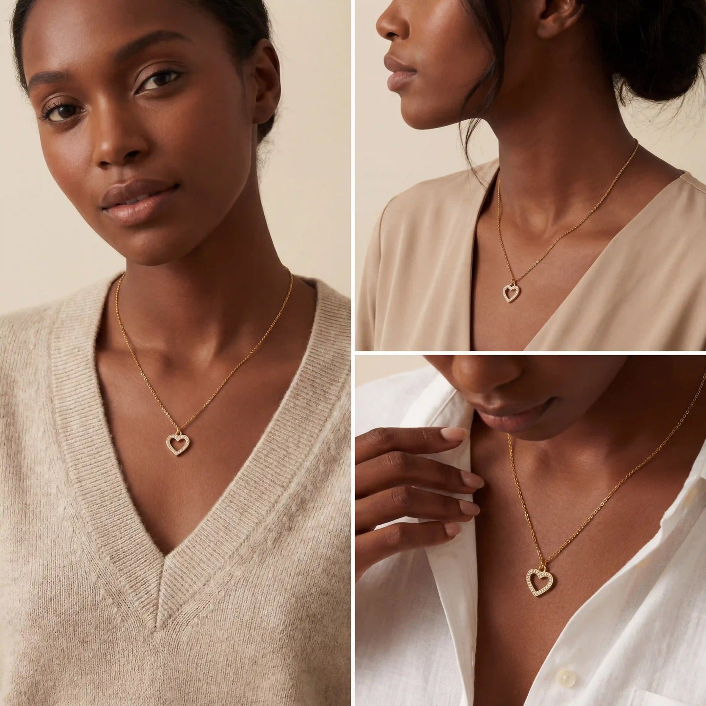 Model with dark skin wearing gold Devotion heart pendant necklace everyday style.