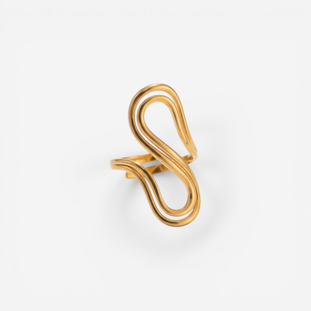 Gold drift ring with abstract fluid curve design waterproof stainless steel.
