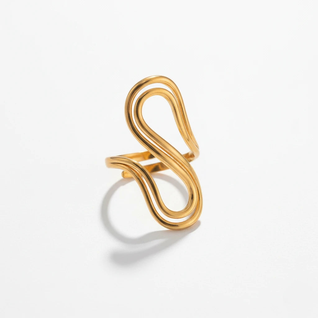 Gold drift ring with abstract fluid curve design waterproof stainless steel.