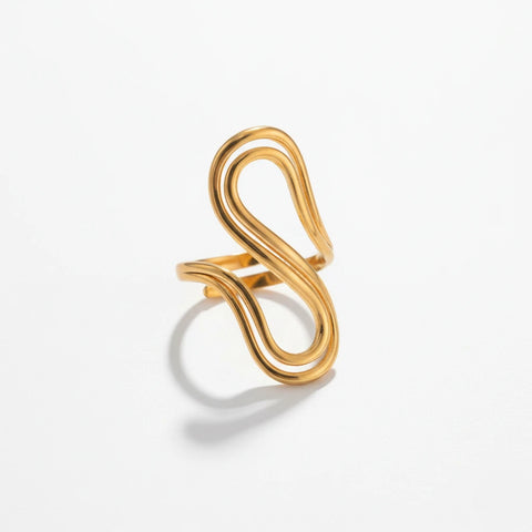 Gold drift ring with abstract fluid curve design waterproof stainless steel.