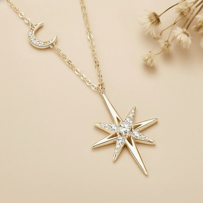 Eight-Pointed Star Moissanite Necklace — 0.28 CT stellar moissanite pendant in 925 silver, safe for sensitive skin.