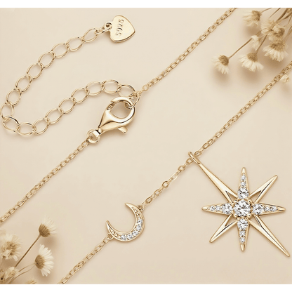 Eight-Pointed Star Moissanite Necklace — 0.28 CT star pendant in sterling silver, celestial sparkle accessory.