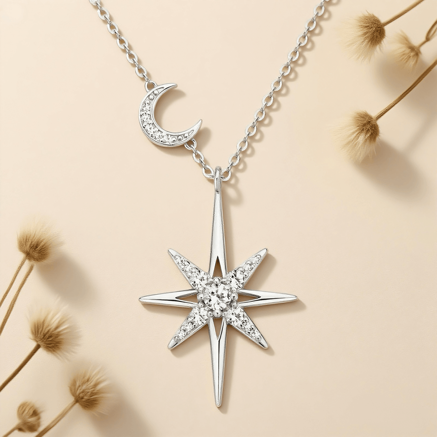 Eight-Pointed Star Moissanite Necklace — 0.28 CT star pendant in sterling silver, celestial sparkle accessory.