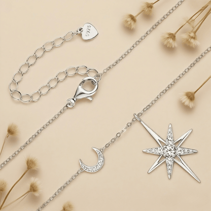 Eight-Pointed Star Moissanite Necklace — 0.28 CT star pendant in sterling silver, celestial sparkle accessory.