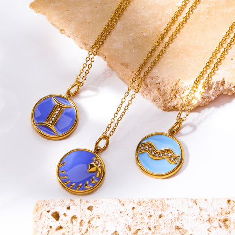 Blue enamel horoscope necklaces including Gemini and Aquarius waterproof gold jewelry.