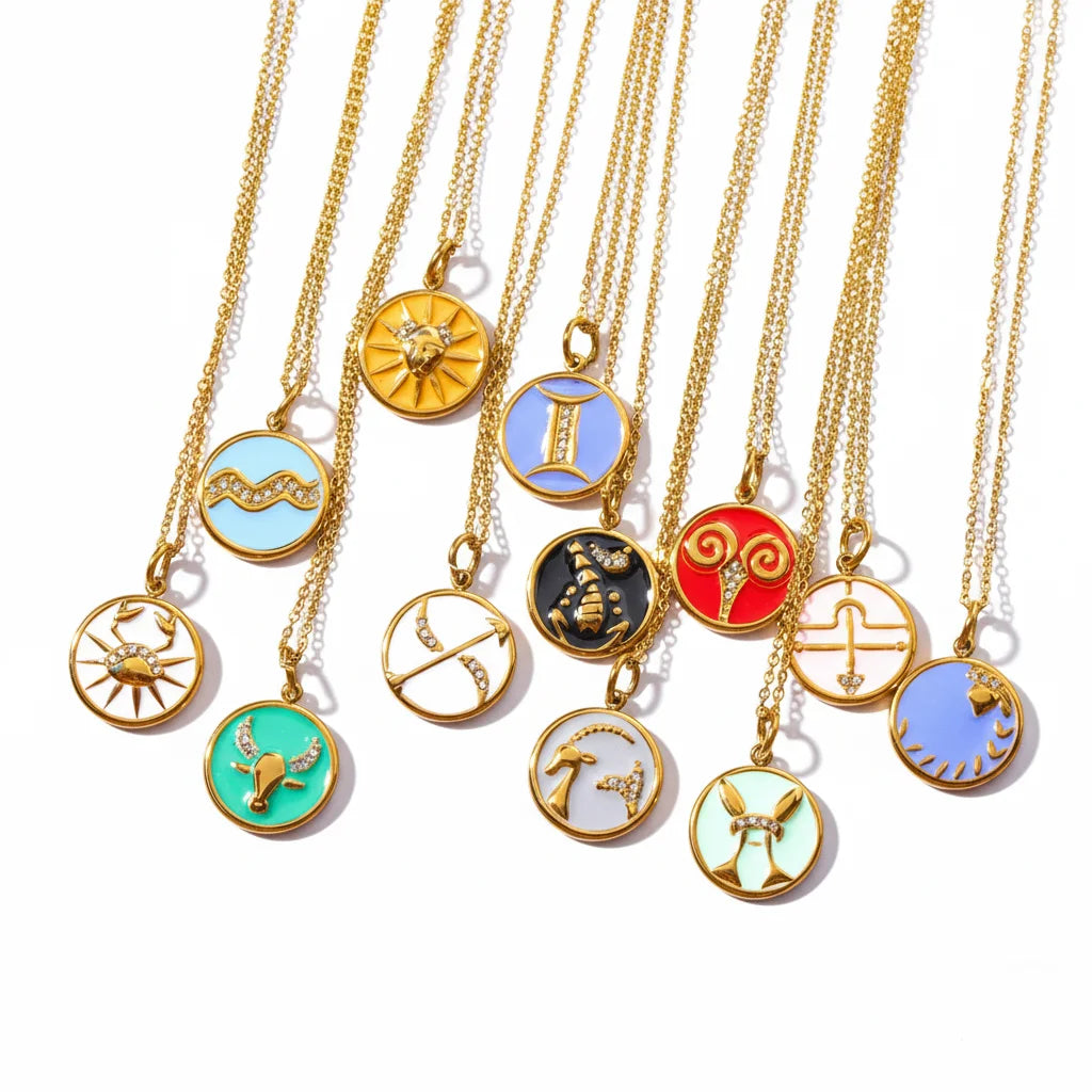 Full collection of colorful enamel zodiac coin necklaces 18k gold pvd waterproof jewelry.