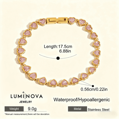 First Kiss Pink Bracelet | Gold Plated Pink Heart Tennis Bracelet