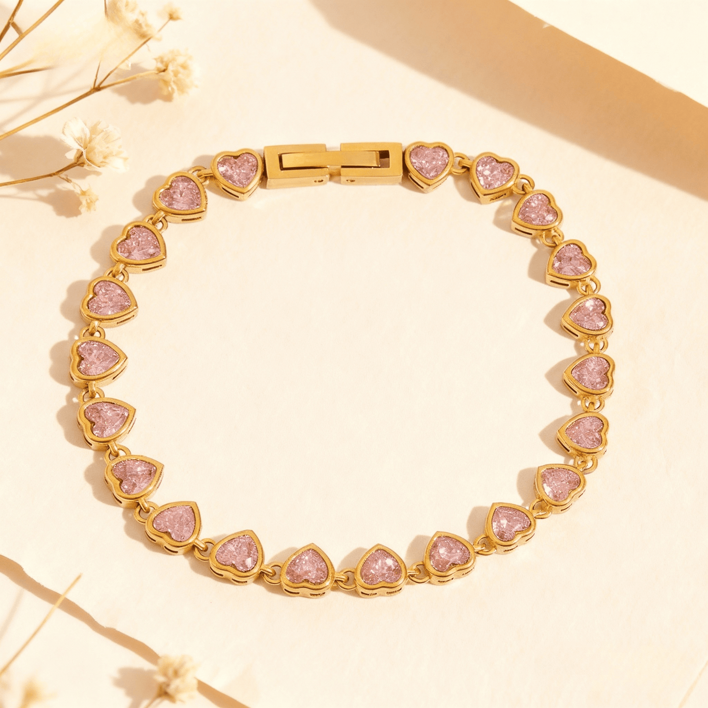 First Kiss Pink Bracelet | Gold Plated Pink Heart Tennis Bracelet