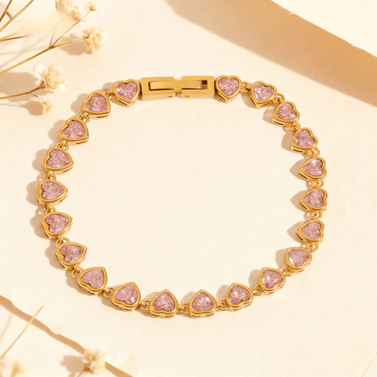 First Kiss Pink Bracelet | Gold Plated Pink Heart Tennis Bracelet