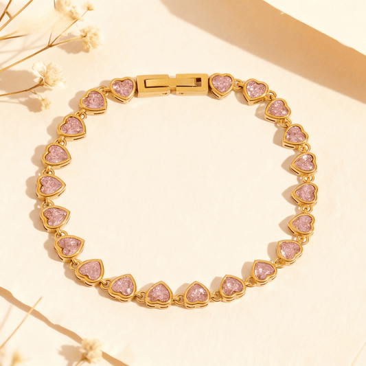First Kiss Pink Bracelet | Gold Plated Pink Heart Tennis Bracelet