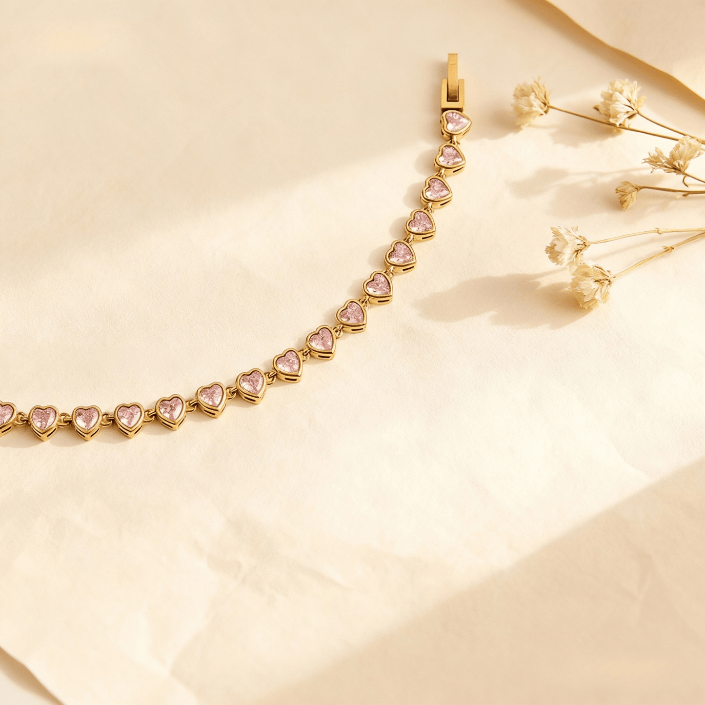 First Kiss Pink Bracelet | Gold Plated Pink Heart Tennis Bracelet