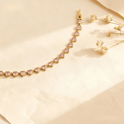 First Kiss Pink Bracelet | Gold Plated Pink Heart Tennis Bracelet