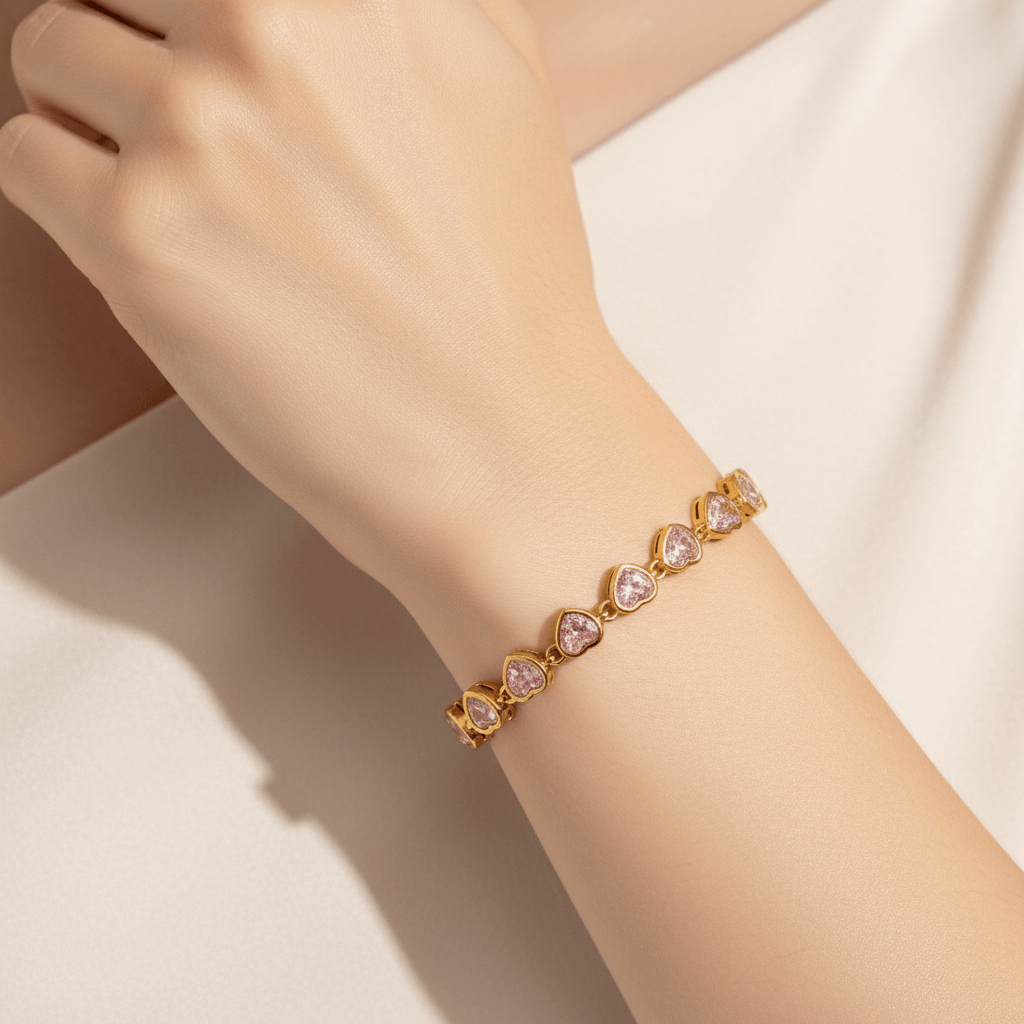 First Kiss Pink Bracelet | Gold Plated Pink Heart Tennis Bracelet
